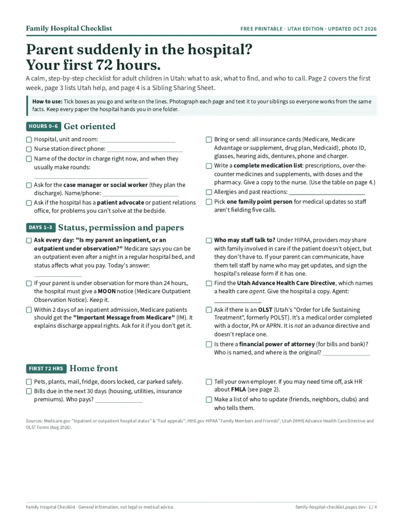 Page 1 of the checklist: the first 72 hours, with checkboxes for what to ask, what to bring and who to call